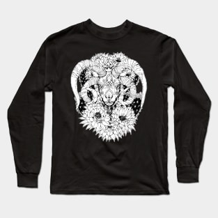 Painted Skull in Flowers - Black and White Long Sleeve T-Shirt